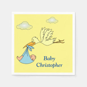 Cute Stork Pojke Shower Namn Blue Gult Pappersservett