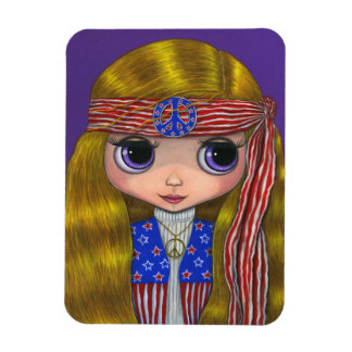 Cute Stort öga Hippie Girl Stars och stripes 1960- Magnet