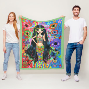 Cute Stort öga Hippie Sjöjungfru Girl Fredstecke Fleecefilt