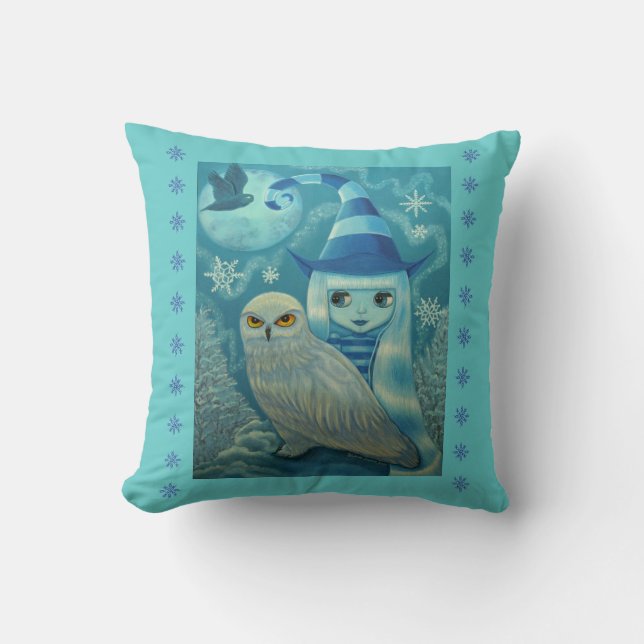 Cute Stort öga Stripe-Witch med Snöj Uggla & Måne Kudde (Framsida)