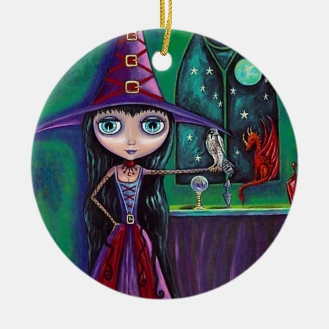 Cute Stort öga Witch Falcon & Dragon Crystal Boll Julgransprydnad Keramik (Framsidan)