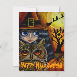 Cute Stort öga Witch Girl & Uggla Whimsical Hallow Inbjudningar