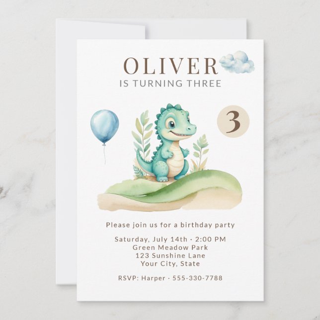 Cute Storybook Dinosaur Birthday Party Invitation Inbjudningar (Framsida)