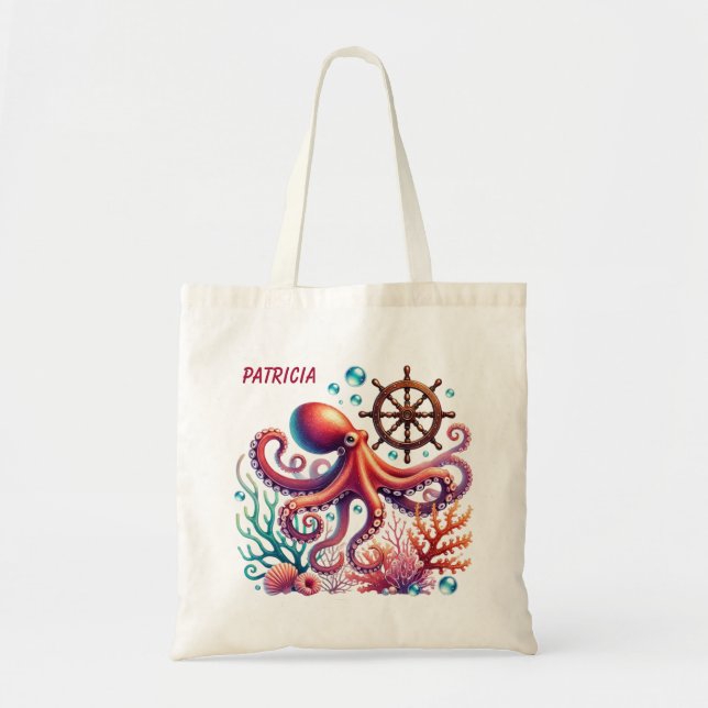 Cute-strandbläckfisk älskare add namn tygkasse (Framsidan)