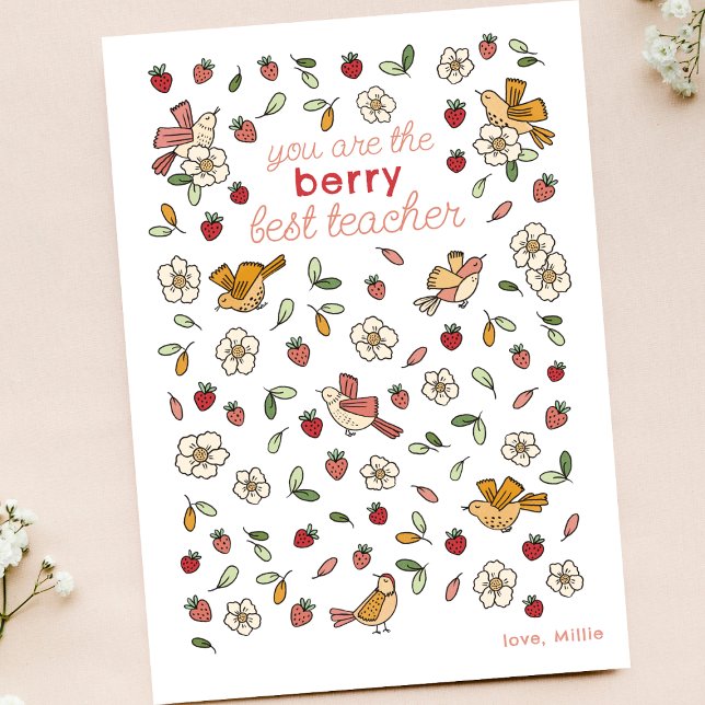 Cute Strawbär and Birds Teacher Apprecision Tack Kort (Skapare uppladdad)