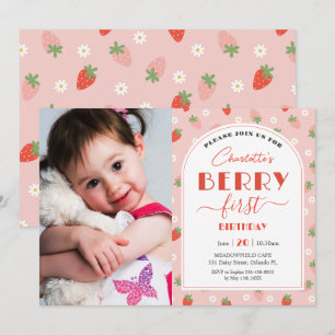 Cute Strawbär Berry First 1st Birthday Photo Inbjudningar