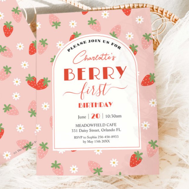 Cute Strawbär Berry Första födelsedag Inbjudningar (Skapare uppladdad)