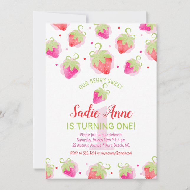 Cute Strawbär Berry Sweet Red & Rosa Birthday Inbjudningar (Framsida)