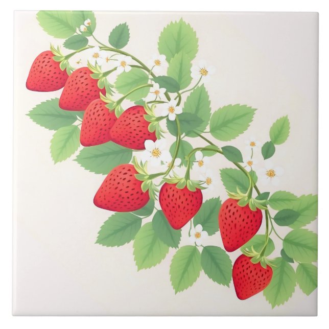 Cute Strawberries With Green Leaves And  Flowers Kakelplatta (Framsidan)