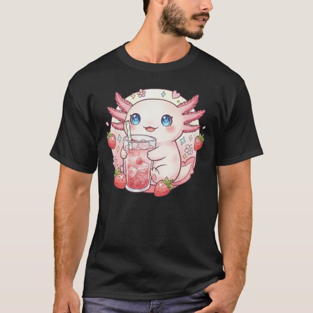 Cute Strawberry Axolotl Kawaii Art T Shirt (Framsida)