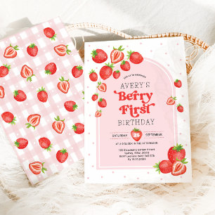 Cute Strawberry Berry Första födelsedag Inbjudningar