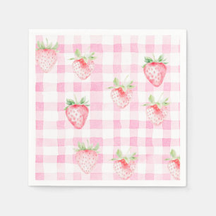 Cute Strawberry Berry Rosa Gingham Brithday Pappersservett
