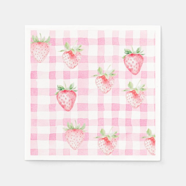 Cute Strawberry Berry Rosa Gingham Brithday Pappersservett (Framsidan)