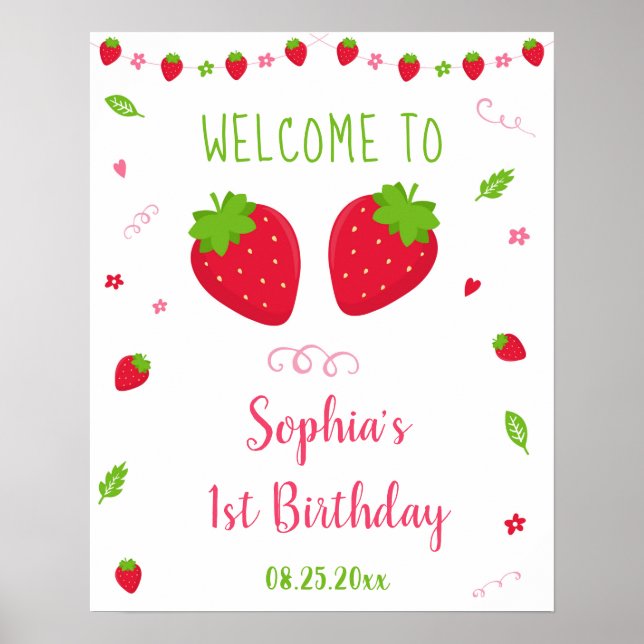 Cute Strawberry Berry Sweet Birthday Välkommen Poster (Framsidan)