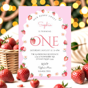 Cute Strawberry Berry Sweet First Birthday Vågigt Inbjudningar