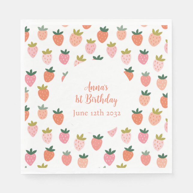 Cute Strawberry Birthday Napkins Pappersservett (Framsidan)