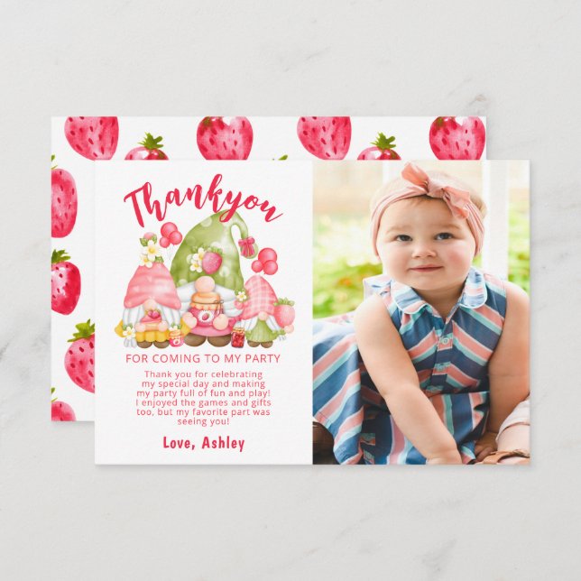 Cute Strawberry Birthday Photo Tack Kort (Fram/baksida)