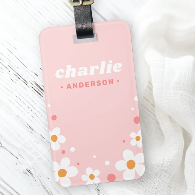Cute strawberry-blommarna, ljus rosa namn bagagebricka (Cute strawberry blossom retro font name light pink luggage tag)