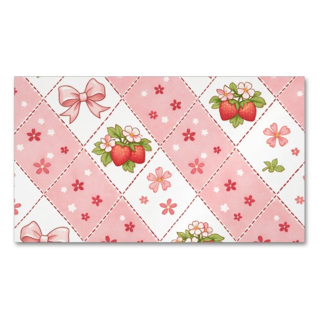 cute strawberry bow floral seamless pattern design magnetiska visitkort (Framsida)
