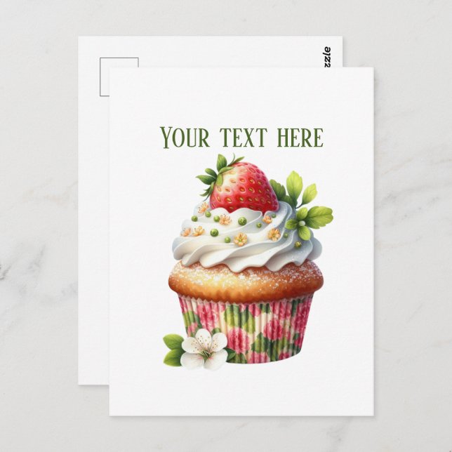 Cute strawberry cupcake add message business name  vykort (Fram/baksida)