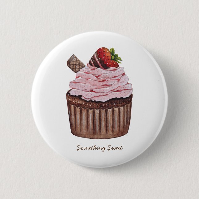 Cute Strawberry Cuptårta i vattenfärg Knapp (Framsida)