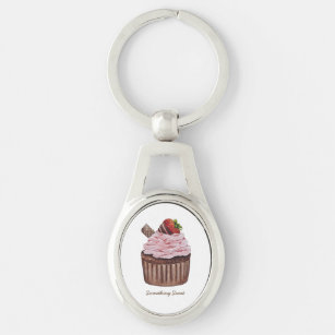 Cute Strawberry Cuptårta i vattenfärg Ovalt Silverfärgad Nyckelring