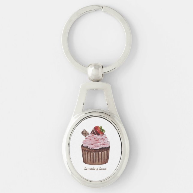 Cute Strawberry Cuptårta i vattenfärg Ovalt Silverfärgad Nyckelring (Framsidan)