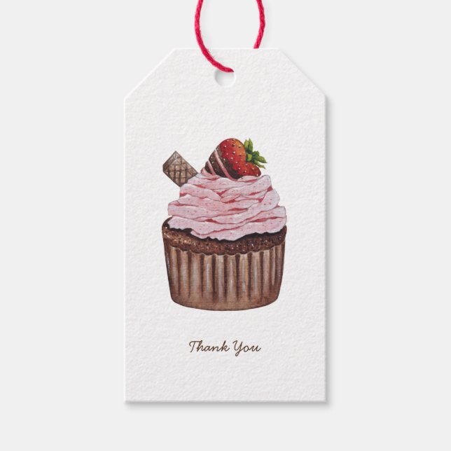 Cute Strawberry Cuptårta i vattenfärg Presentetikett (Framsidan)