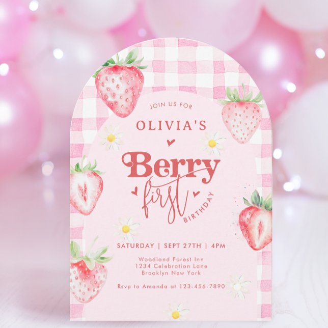 Cute Strawberry Daisy Berry 1:a Arch Birthday Inbjudningar (Skapare uppladdad)