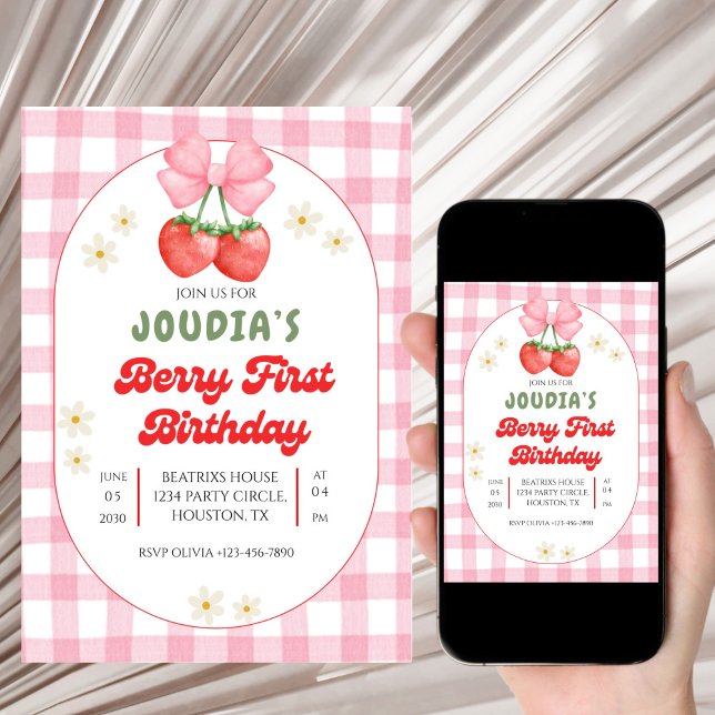 Cute Strawberry Fruit Daisy Berry First Birthday  Inbjudningar (Skapare uppladdad)