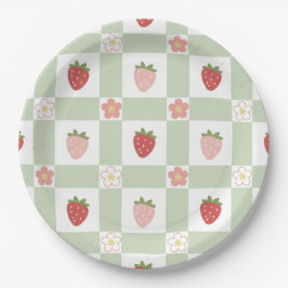 Cute Strawberry Gingham Pastel Green 1st Birthday