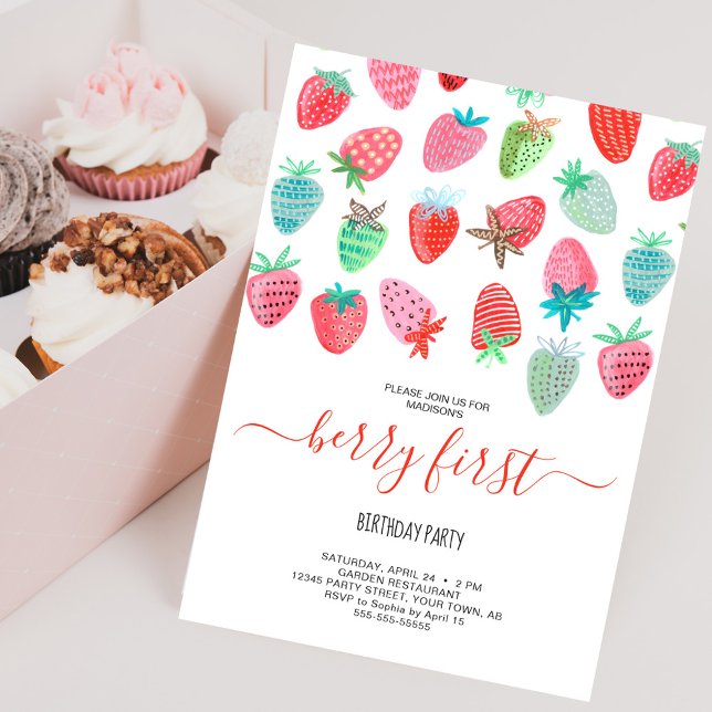 Cute Strawberry Girl berry, första födelsedagsfest Inbjudningar (Cute Strawberry girl berry first birthday party Invitation)