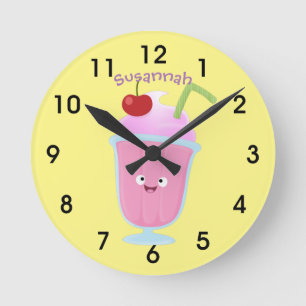 Cute strawberry glass sundae tecknad round clo rund klocka