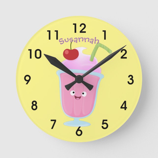 Cute strawberry glass sundae tecknad round clo rund klocka (Framsida)