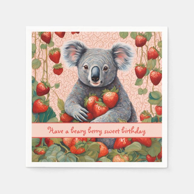 Cute Strawberry Koala Bear Birday Card Pappersservett (Framsidan)