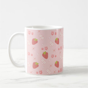 Cute Strawberry med Flowers. Kaffemugg