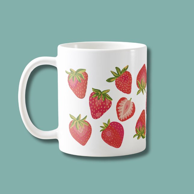 Cute Strawberry Mönster - Roligt Fruktdesign Kaffemugg (Strawberry illustrated coffee mug)