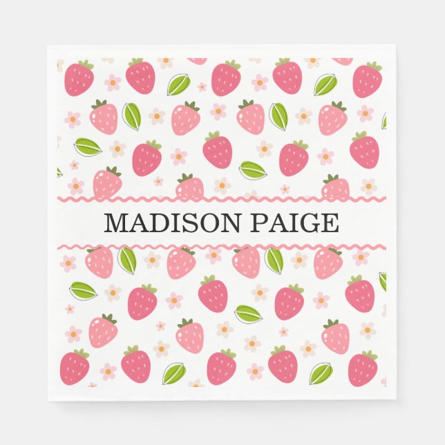 Cute Strawberry Pink Girls Birthday Paper Napkin Pappersservett (Framsidan)
