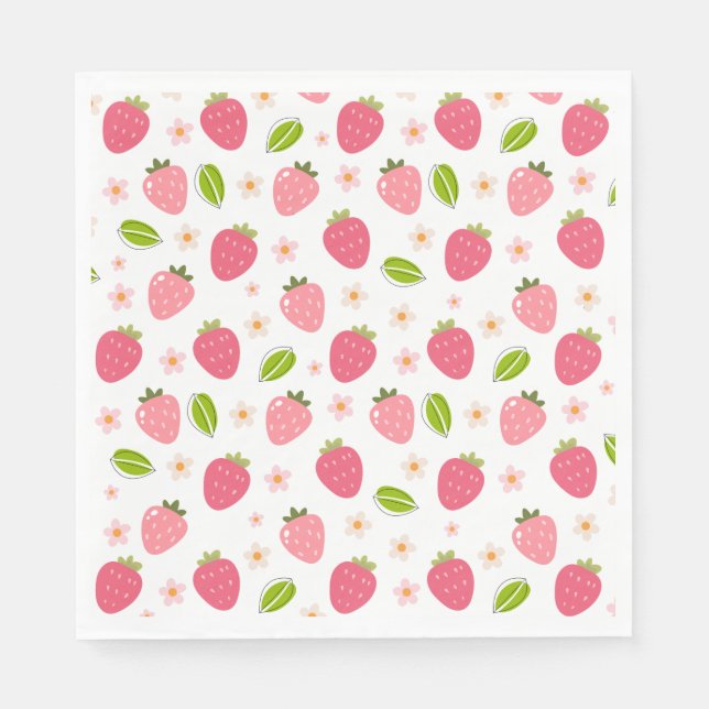 Cute Strawberry Pink Girls Birthday Paper Napkin Pappersservett (Framsidan)