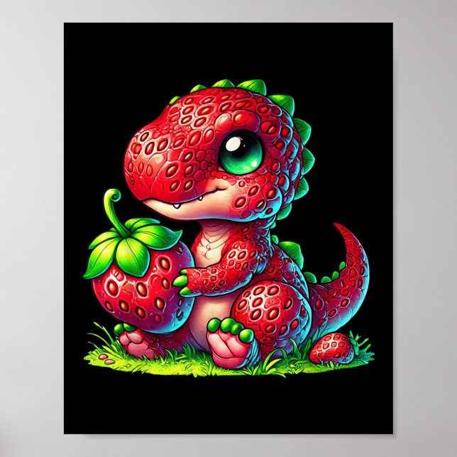 Cute Strawberry Summer Fruit Älskare Dinosaur T Re Poster (Framsidan)