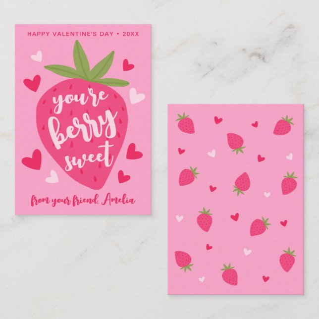 Cute Strawberry Sweet Berries Hearts Valentines Anteckningskort (Fram/baksida)