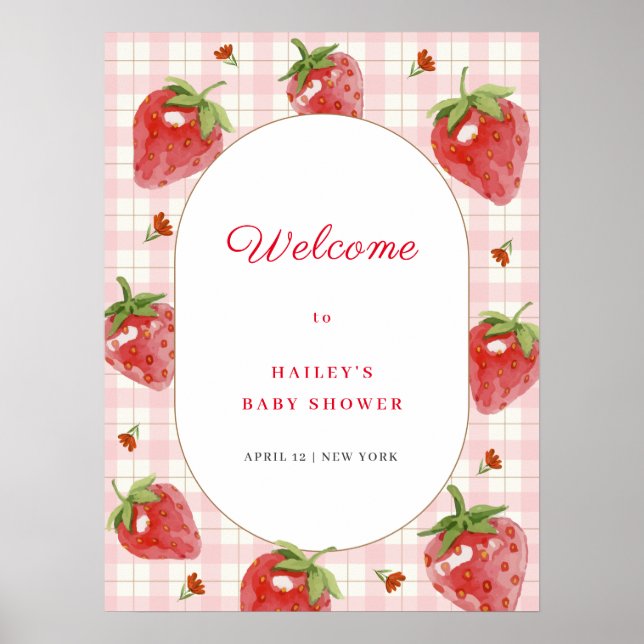 Cute Strawberry Sweet Gingham Välkomna Baby Shower Poster (Framsidan)