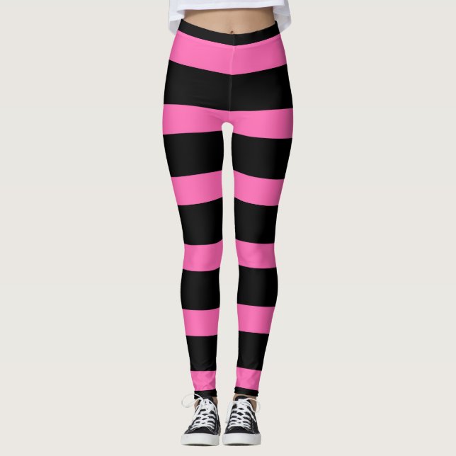 Cute Stripe Mönster i Black och Bubblegum Rosa Leggings (Framsida)