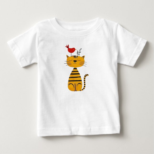Cute Striped Cat and Red Bird Art T Shirt (Framsida)