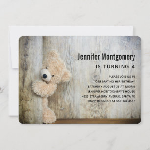 Cute Stuffad Bear Rustic Wooden BackDrop Birthday Inbjudningar