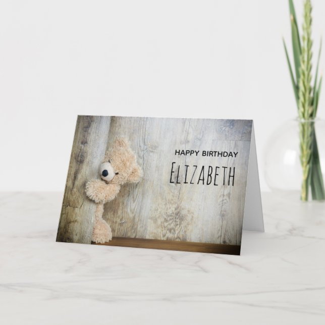 Cute Stuffad Bear Rustic Wooden BackDrop Birthday Kort (Framsida)