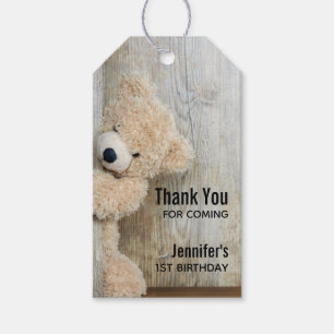 Cute Stuffad Bear Rustic Wooden BackDrop Birthday Presentetikett