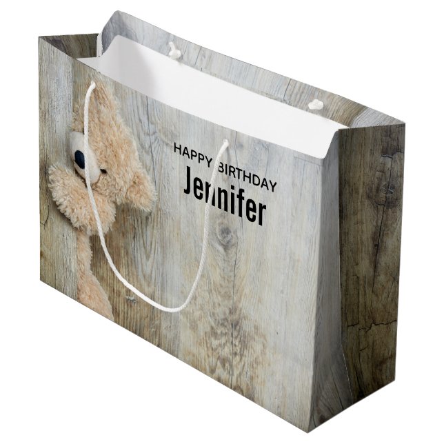 Cute Stuffad Bear Rustic Wooden Wall Birthday (Framsidan Vinklad)