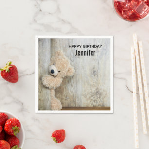 Cute Stuffad Bear Rustic Wooden Wall Birthday Pappersservett