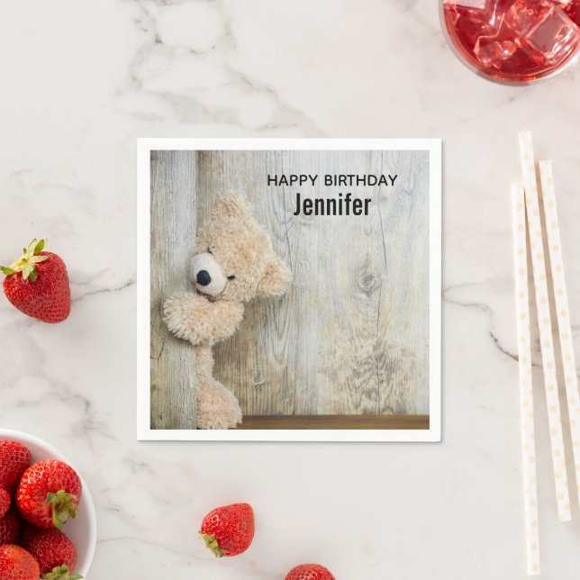 Cute Stuffad Bear Rustic Wooden Wall Birthday Pappersservett (Insitu)
